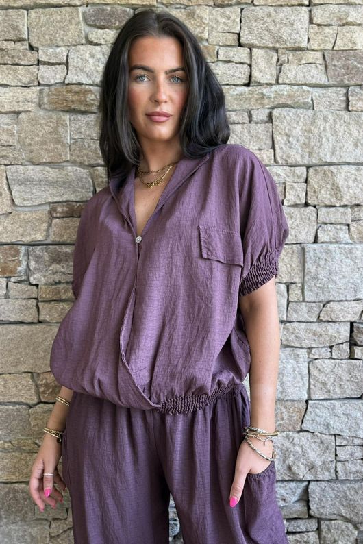 Basso Button Drape Cap Sleeve Shirt Deep Damson